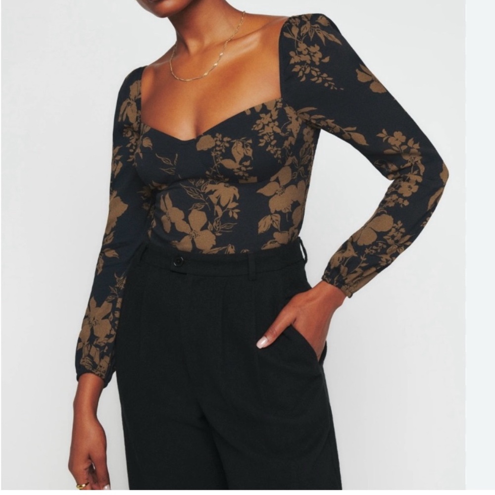 Reformation Black and Brown Floral Top